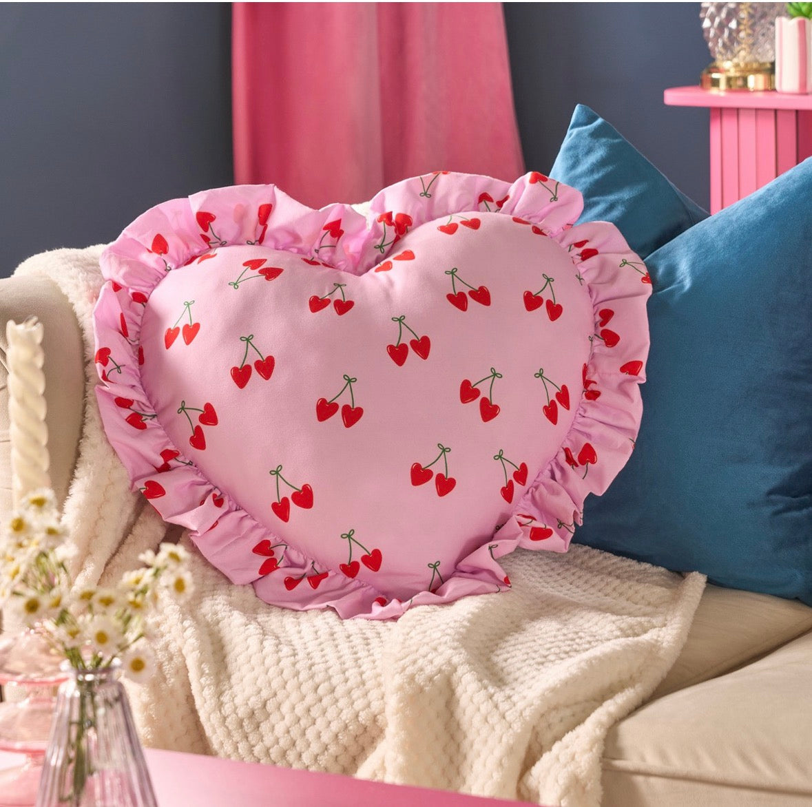 Frill Heart Shaped Cherry Print Cushion