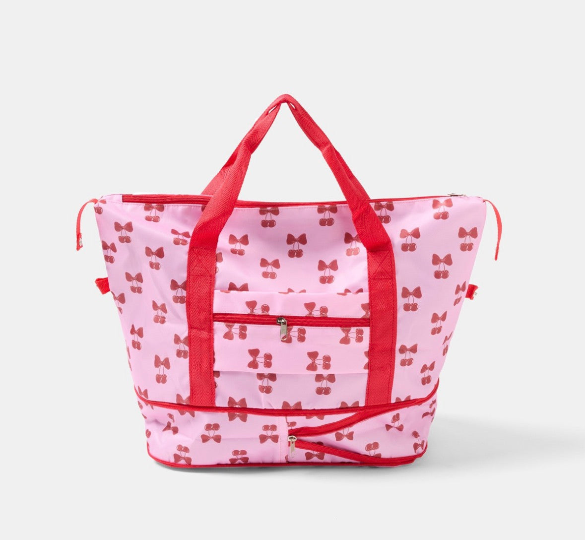 Cherry Bow Print Overnight Weekend Travel Bag - Pink/Red