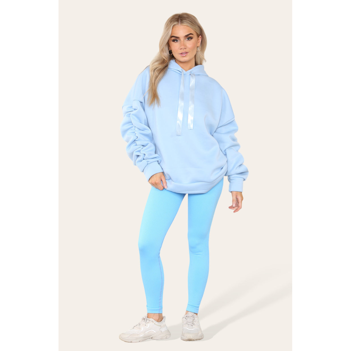 Stylish Plus Size Ruched Sleeve Hoodie with Satin Ribbon - Comfortable & Warm