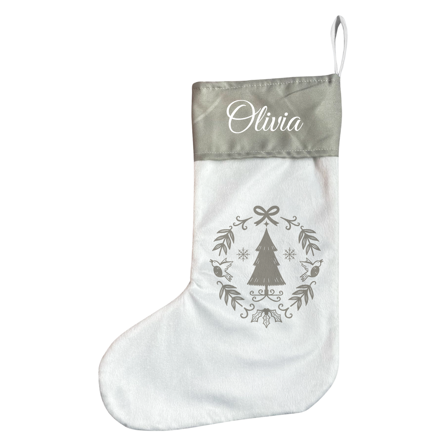Personalised Christmas Stocking - Grey Scandi Wreath