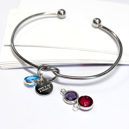 Personalised Silver Knot Birthstone Charm Bangle