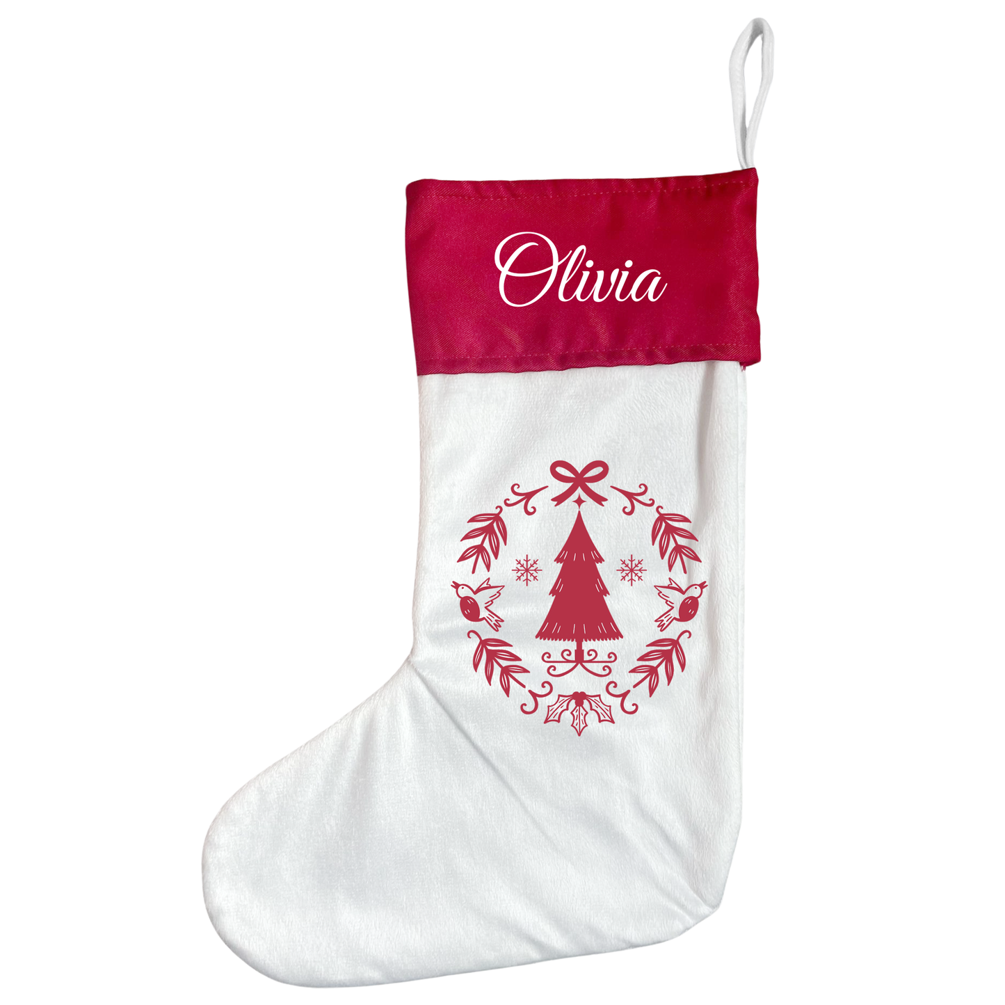 Personalised Christmas Stocking - Red Scandi Wreath