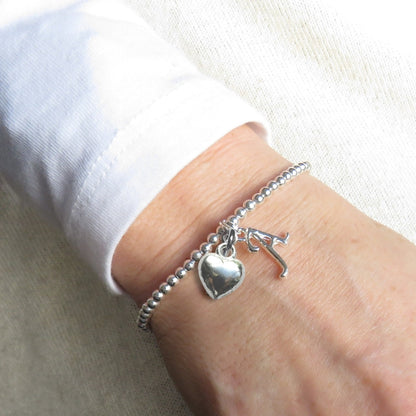Personalised Silver Initial & Heart Charm Beaded Stretch Bracelet