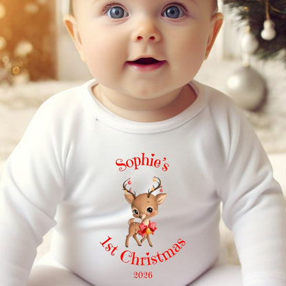 Personalised 1st Christmas Reindeer Baby Vest, Babygrow or Bib, Newborn Xmas Gift