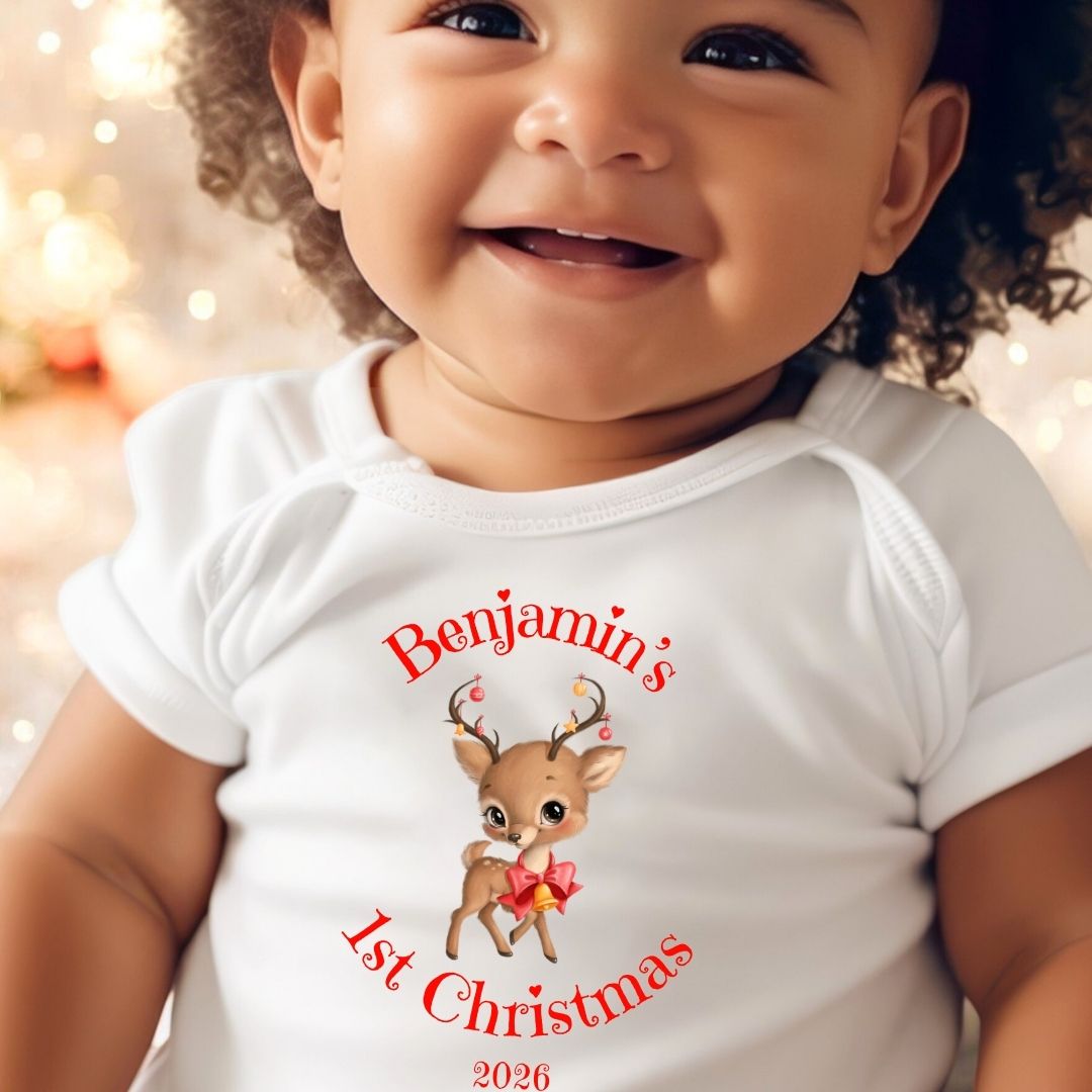 Personalised 1st Christmas Reindeer Baby Vest, Babygrow or Bib, Newborn Xmas Gift