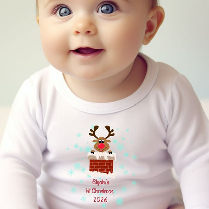 Personalised 1st Christmas Rudolph Baby Vest, Babygrow or Bib, Newborn Xmas Gift