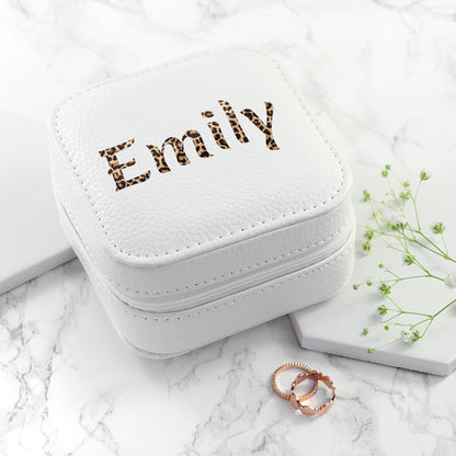 Personalised Animal Print White Travel Jewellery Case