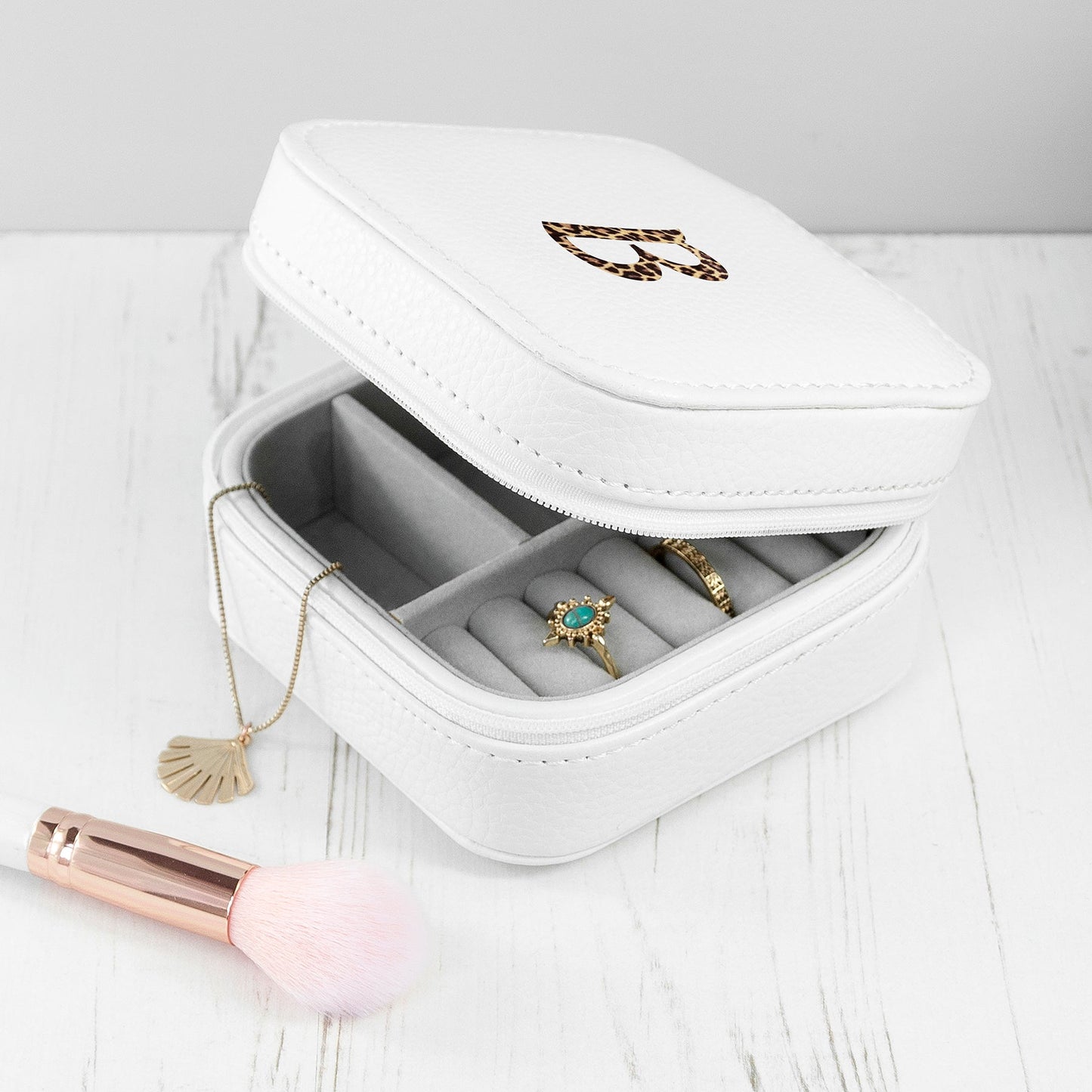 Personalised Animal Print White Travel Jewellery Case