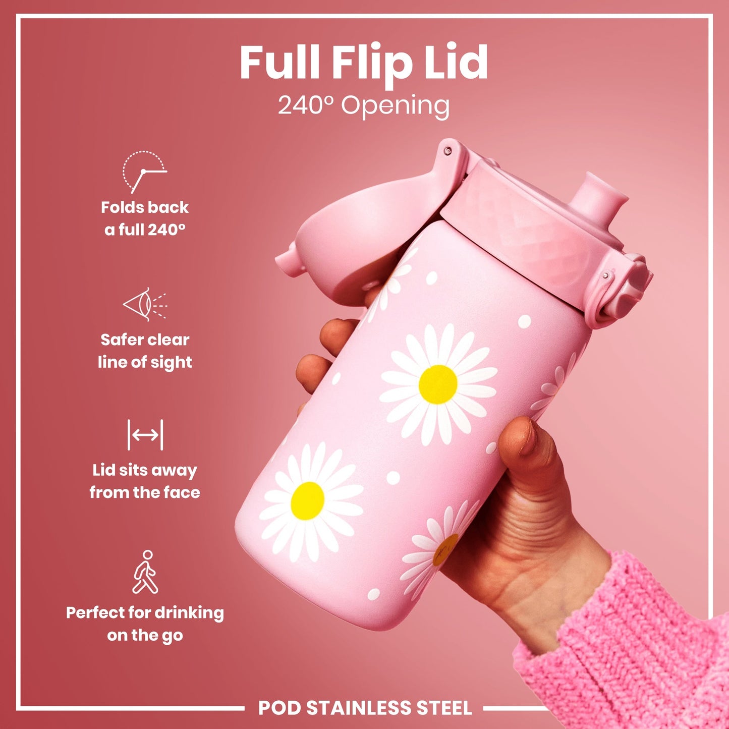 Leak Proof Kids Water Bottle, Stainless Steel, Daisies, 400ml (13oz)