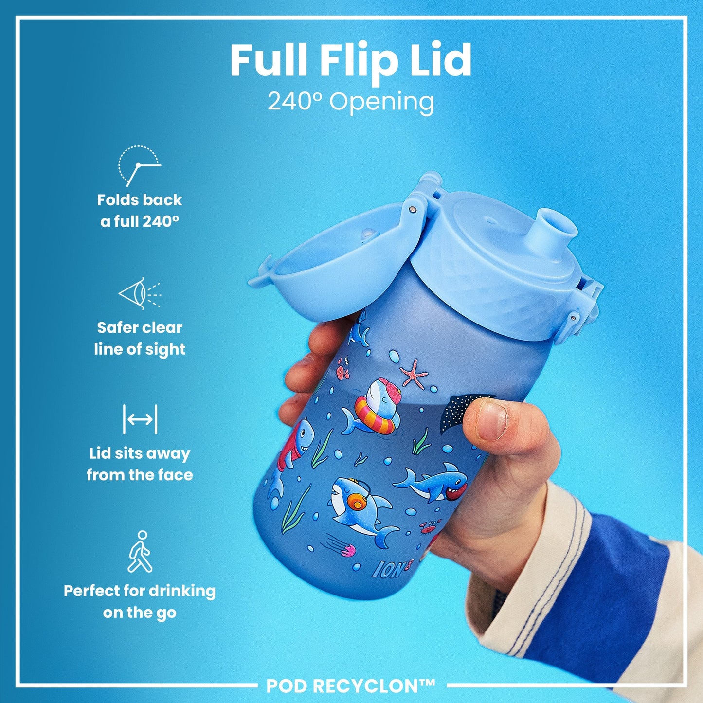 Leak Proof Kids Water Bottle, Recyclon, Sharks, 350ml (12oz)