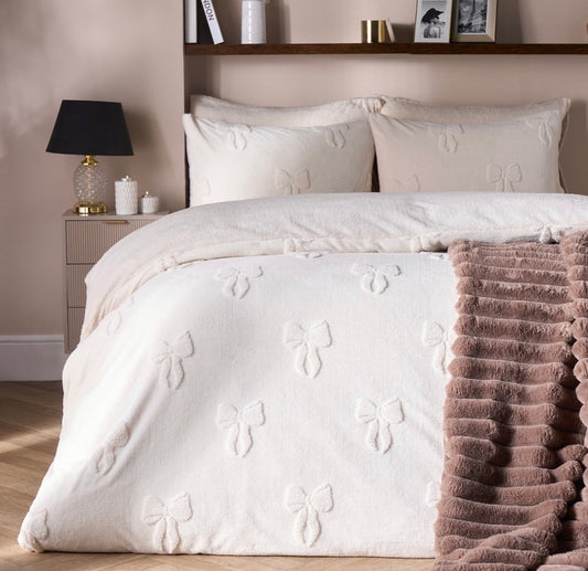 Teddy bow print fleece duvet set - white