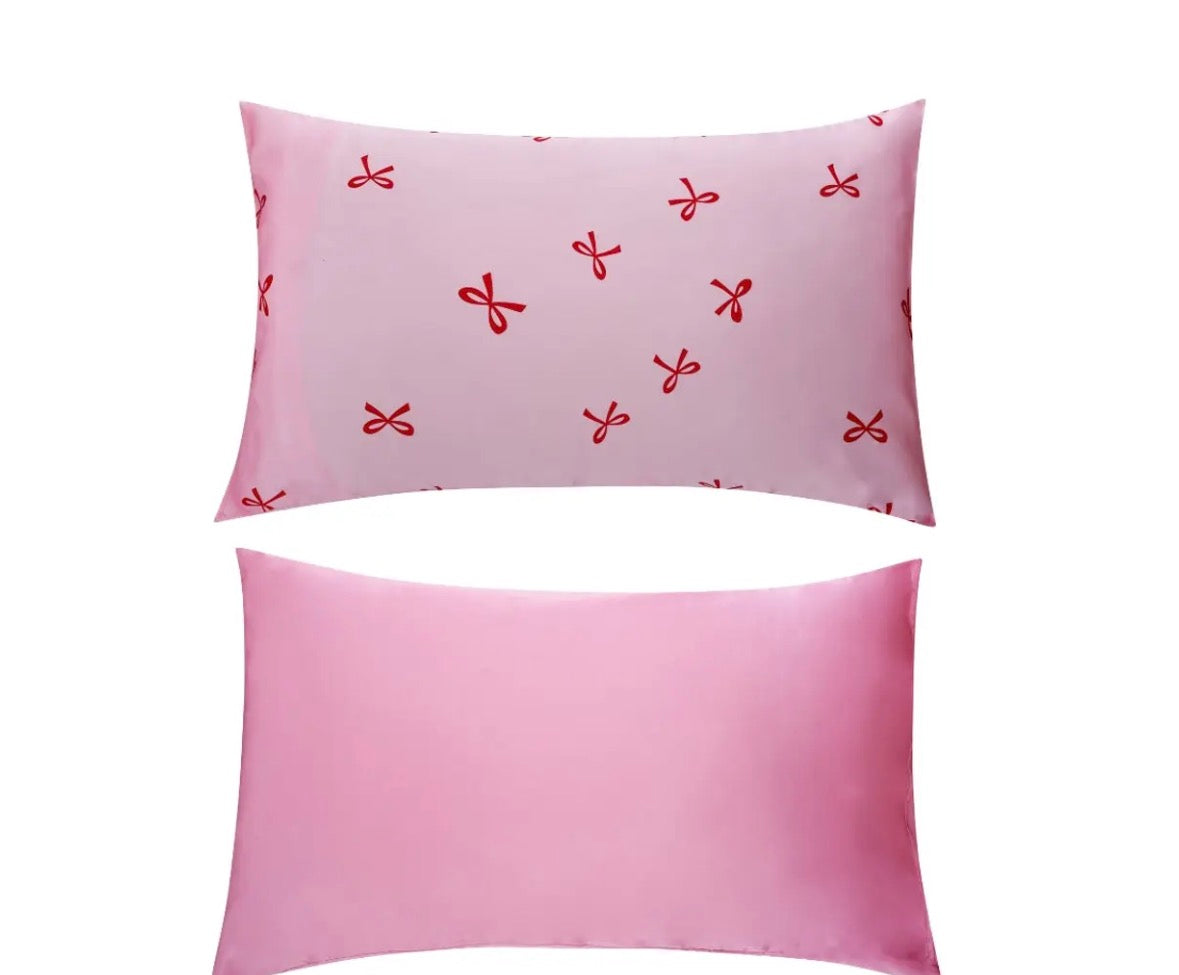 Bow print satin pillow case set