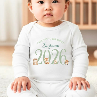 Personalised Woodland Animals 2026 Baby Grow, Vest or Bib with Name