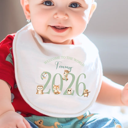 Personalised Woodland Animals 2026 Baby Grow, Vest or Bib with Name