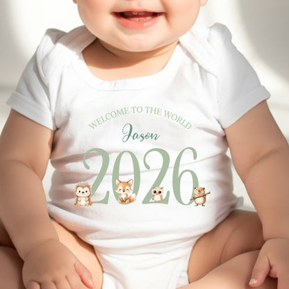 Personalised Woodland Animals 2026 Baby Grow, Vest or Bib with Name