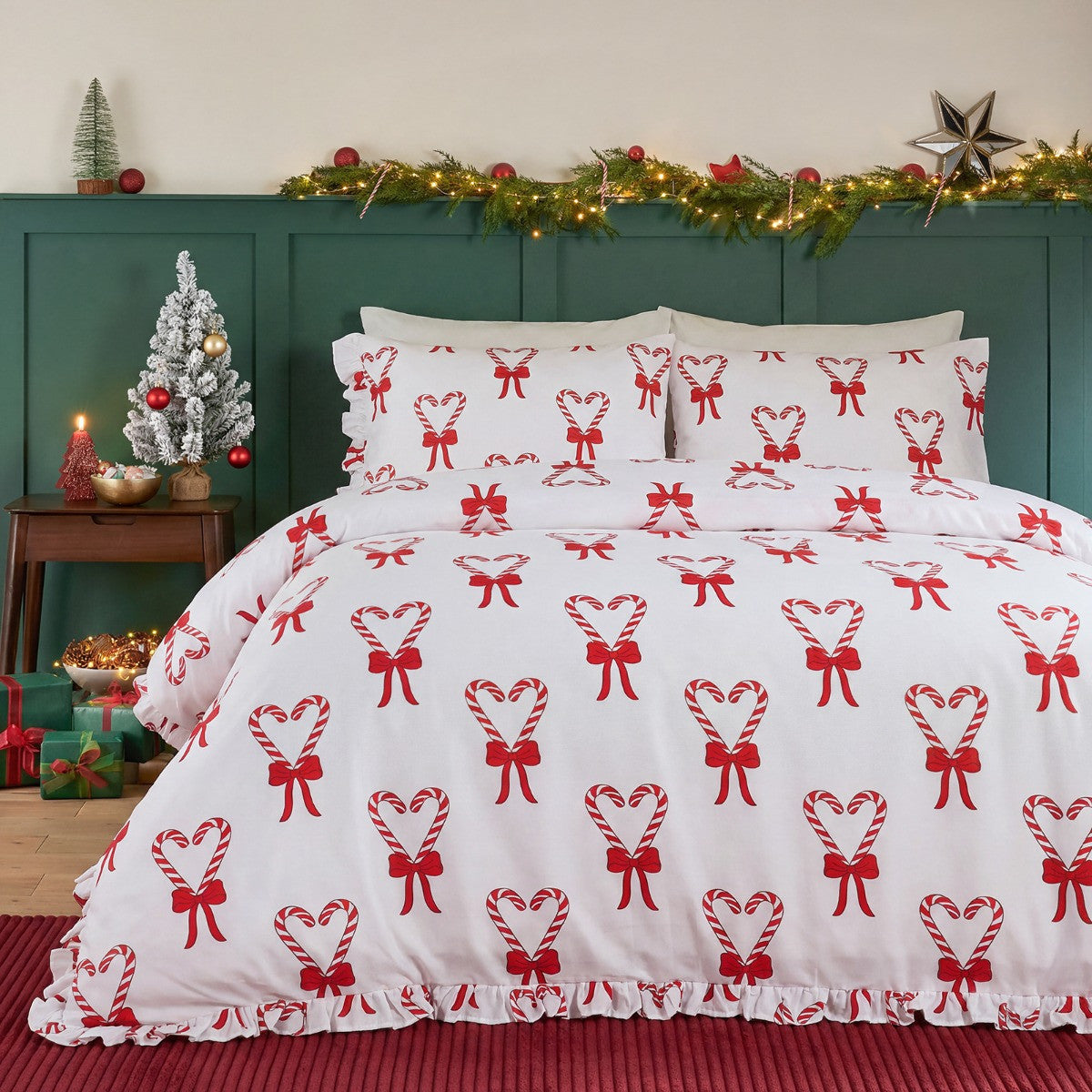 Candy Cane Heart Print Frill Edge Duvet Cover Set (preorder)