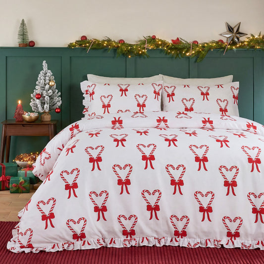 Candy Cane Heart Print Frill Edge Duvet Cover Set (preorder)