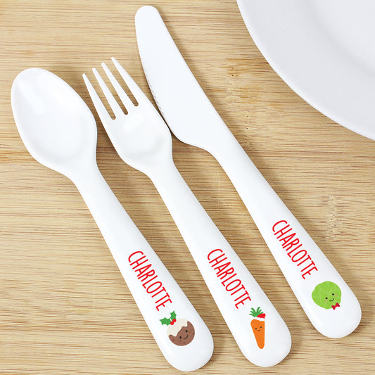Personalised 'Christmas Dinner' 3 Piece Plastic Cutlery Set