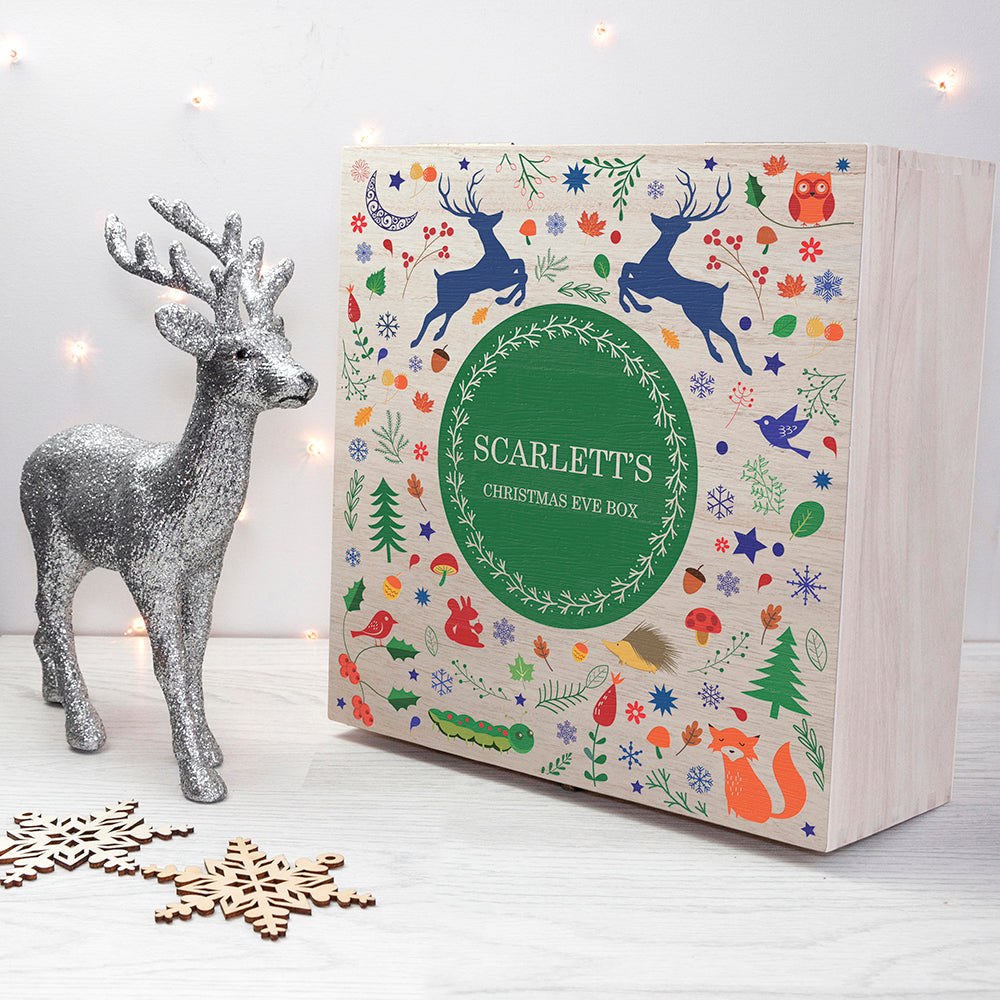 Personalised Festive Woodland Green Christmas Eve Box