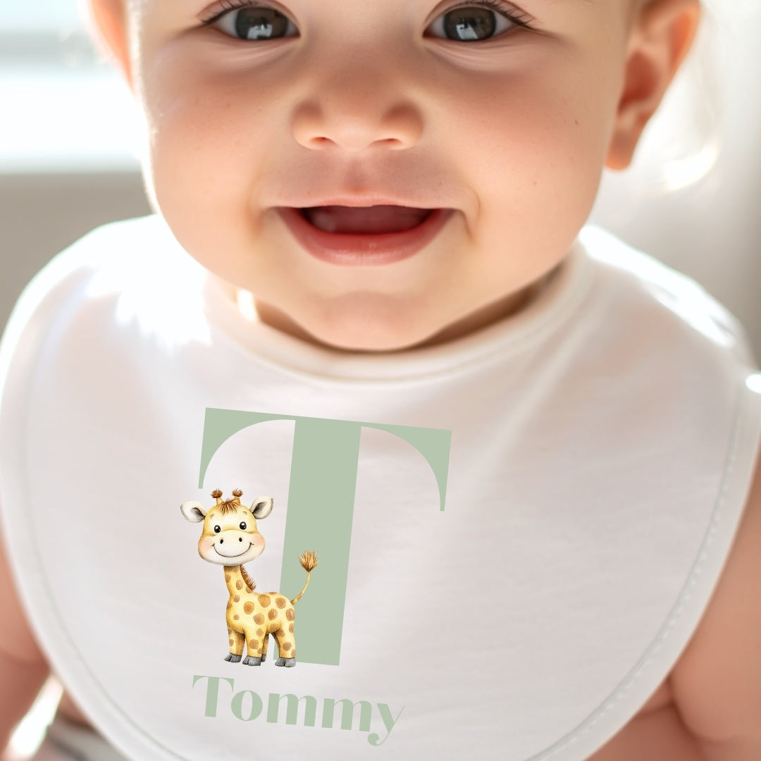 Personalised Little Giraffe Baby Grow, Vest or Bib with Initial & Name