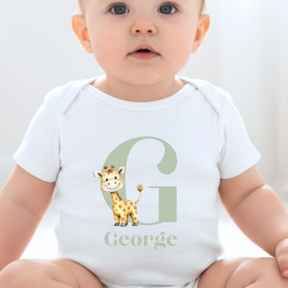 Personalised Little Giraffe Baby Grow, Vest or Bib with Initial & Name