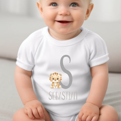Personalised Little Tiger Baby Grow, Vest or Bib with Initial Name
