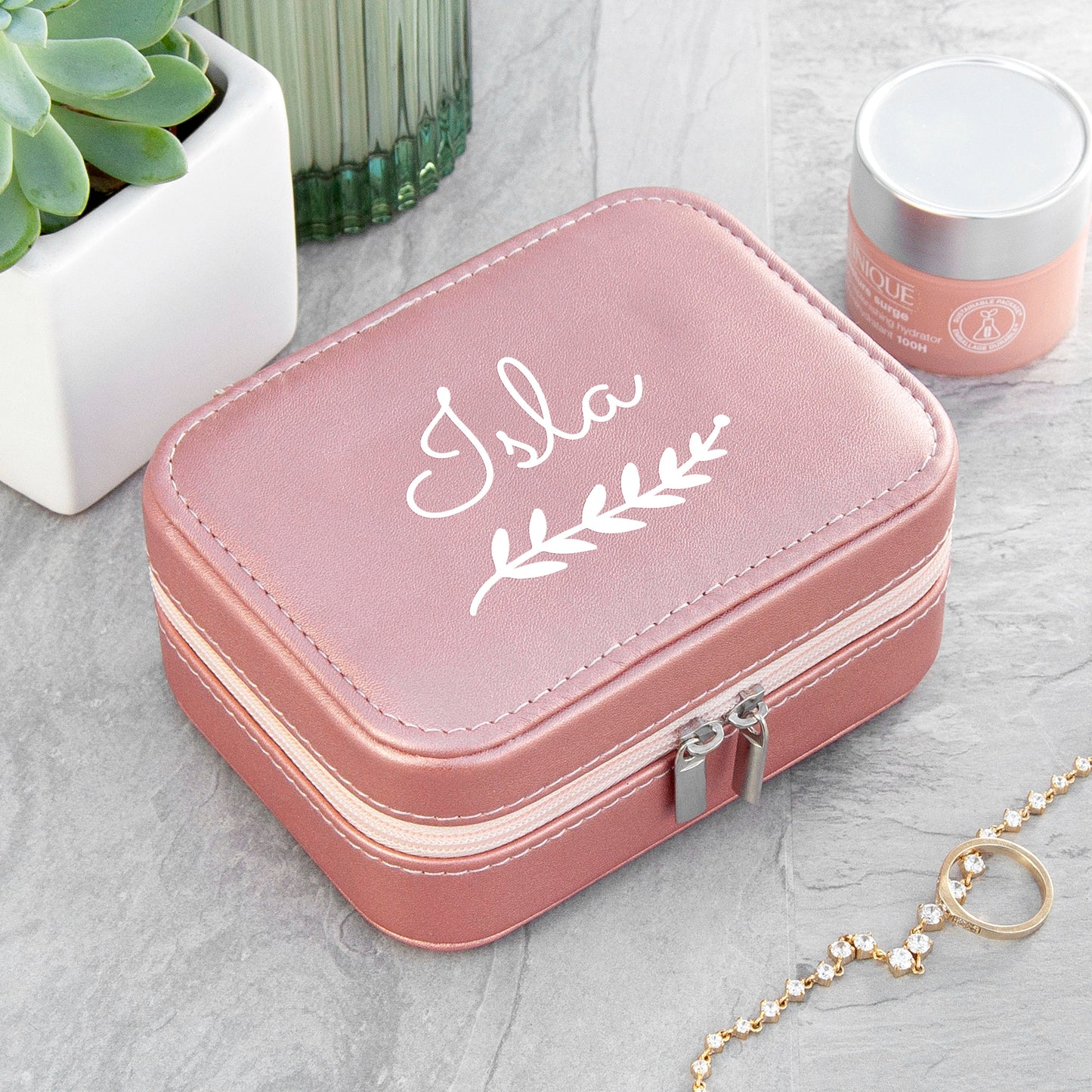 Personalised Wreath Pink Travel Jewellery Case