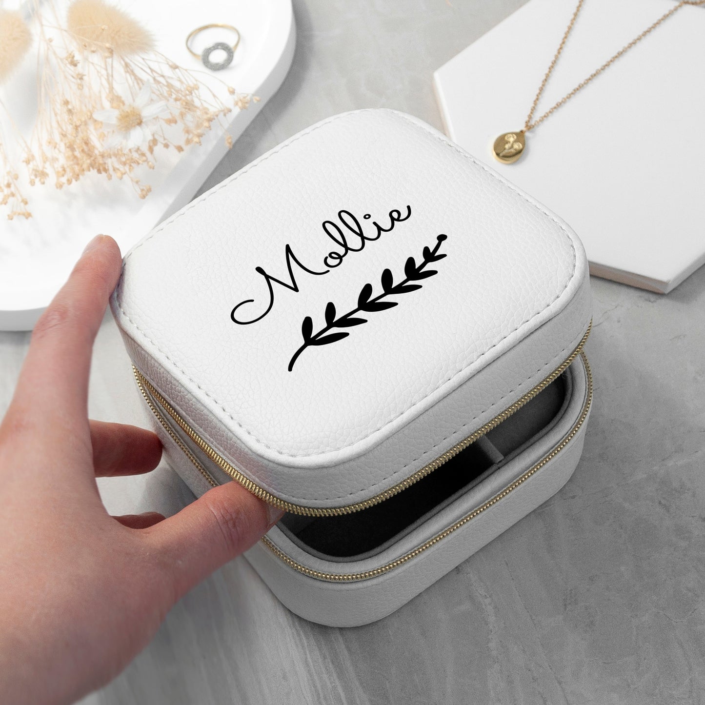 Personalised Wreath White Travel Jewellery Case