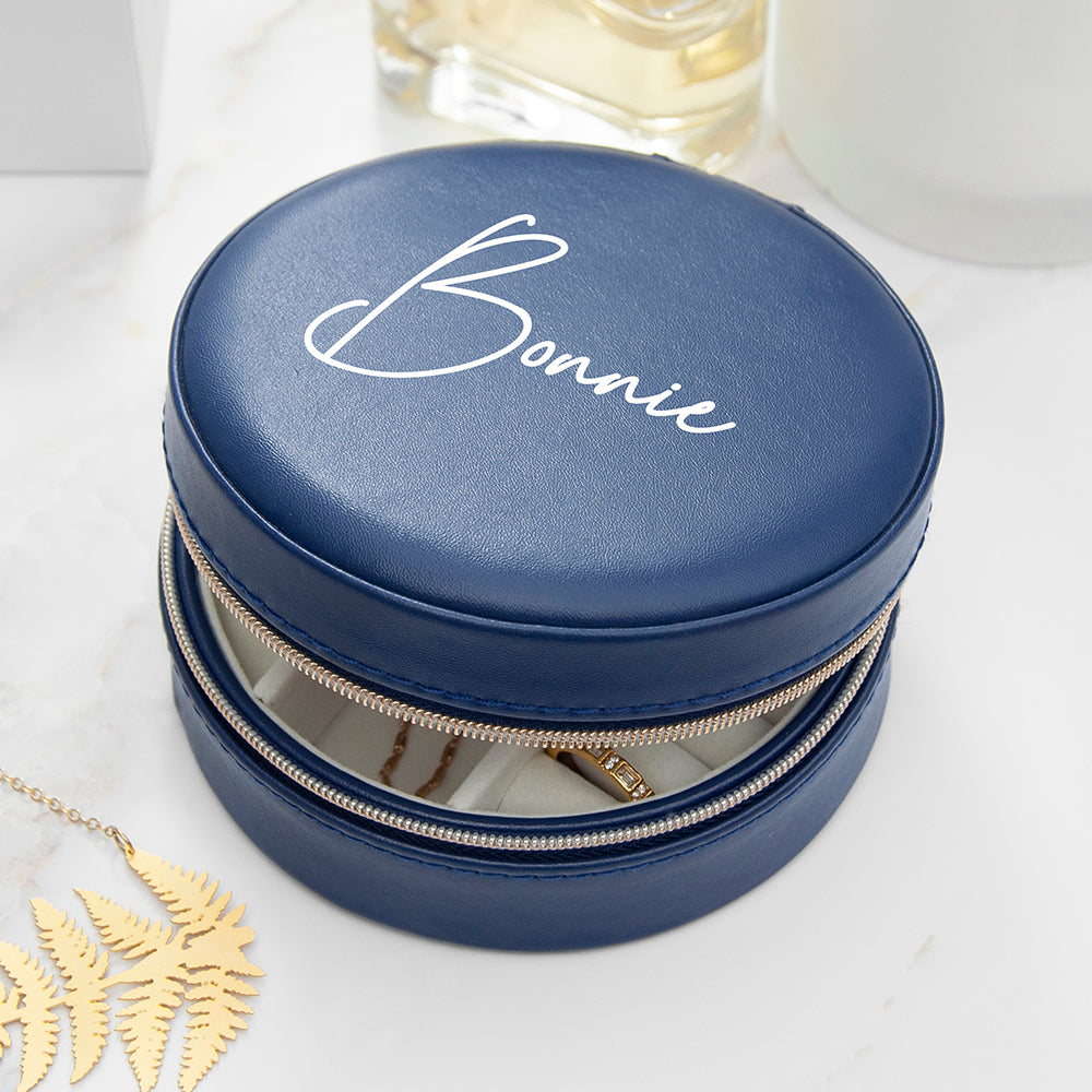 Personalised Navy Blue Round Travel Jewellery Case