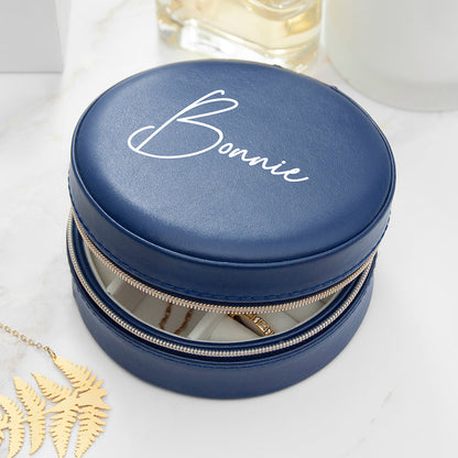 Personalised Navy Blue Round Travel Jewellery Case
