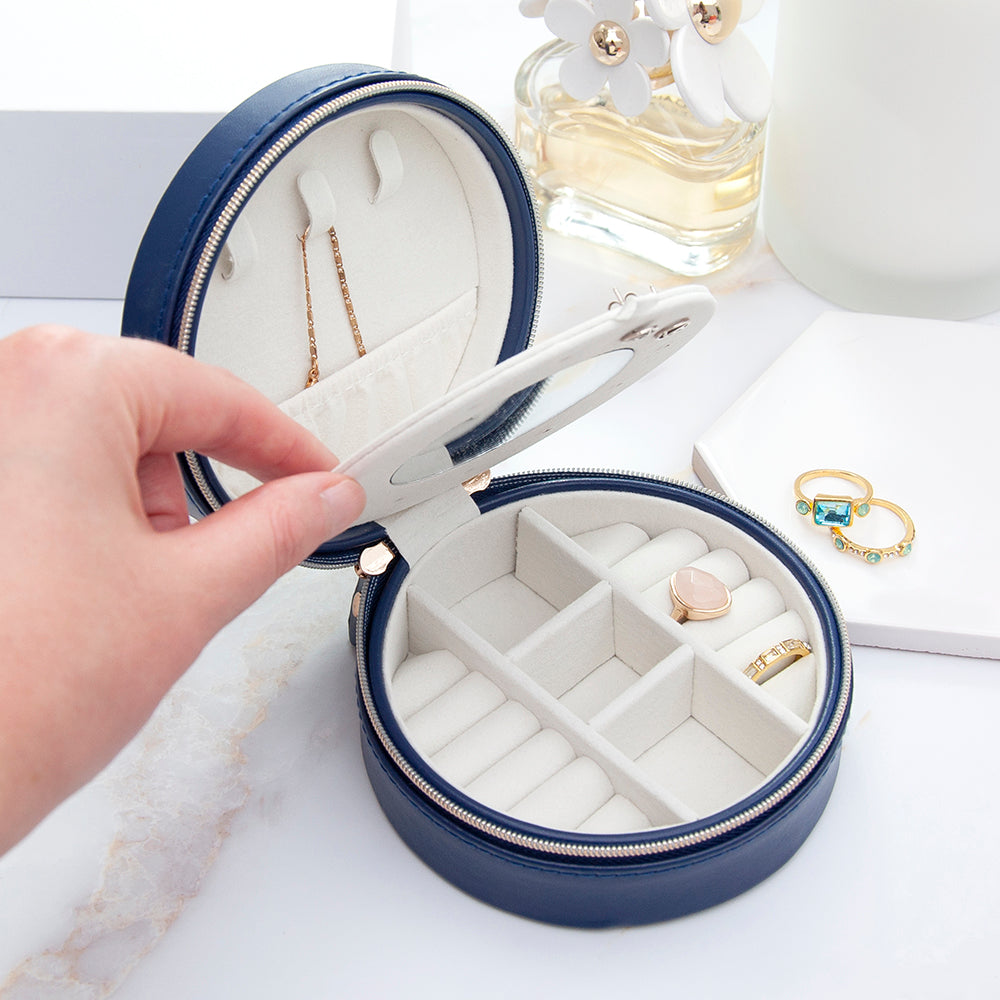 Personalised Navy Blue Round Travel Jewellery Case