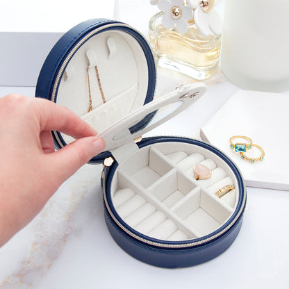Personalised Navy Blue Round Travel Jewellery Case