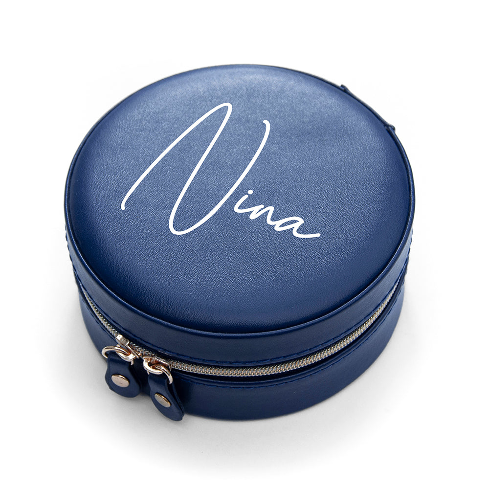 Personalised Navy Blue Round Travel Jewellery Case