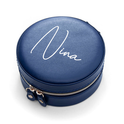 Personalised Navy Blue Round Travel Jewellery Case