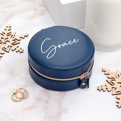Personalised Navy Blue Round Travel Jewellery Case