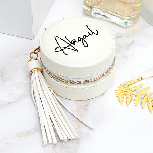 Personalised White Travel Jewellery Case with Tassel