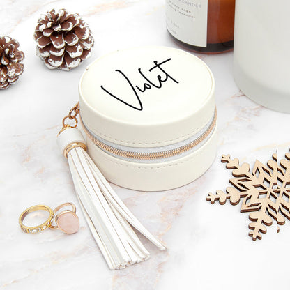 Personalised White Travel Jewellery Case with Tassel