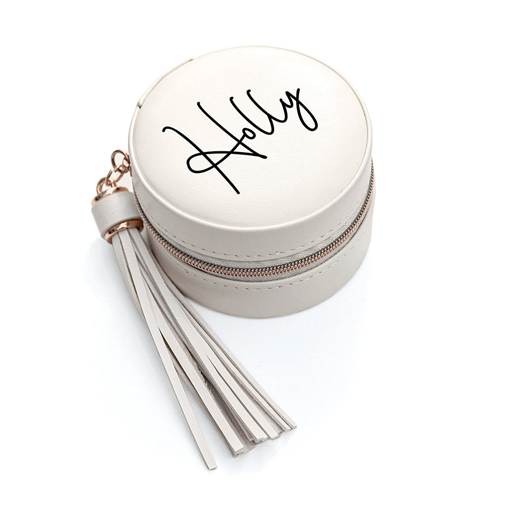 Personalised White Travel Jewellery Case with Tassel