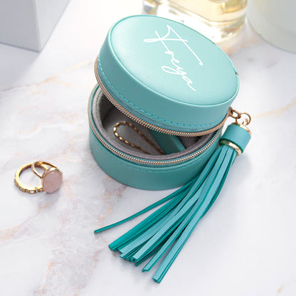 Personalised Turquoise Travel Jewellery Case with Tassel
