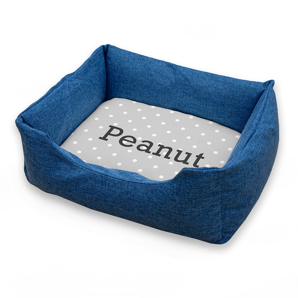 Personalised Blue Comfort Dog Bed with Grey Spots Design
