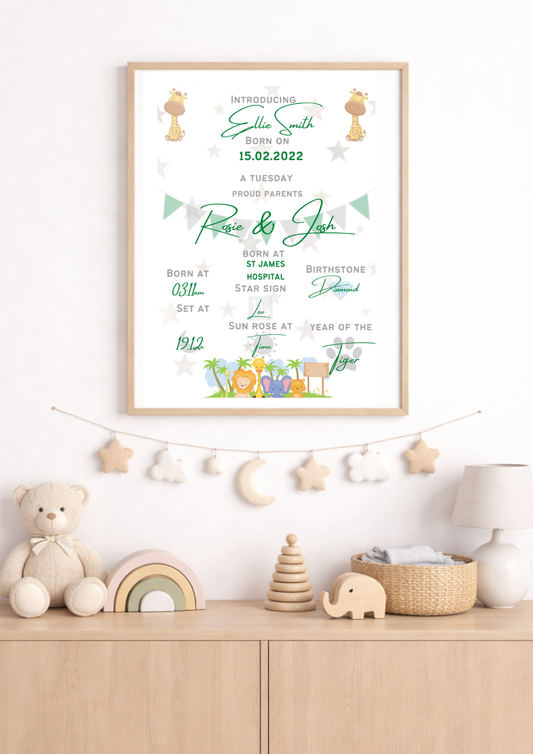 Personalised Baby Birth Print Safari Themed