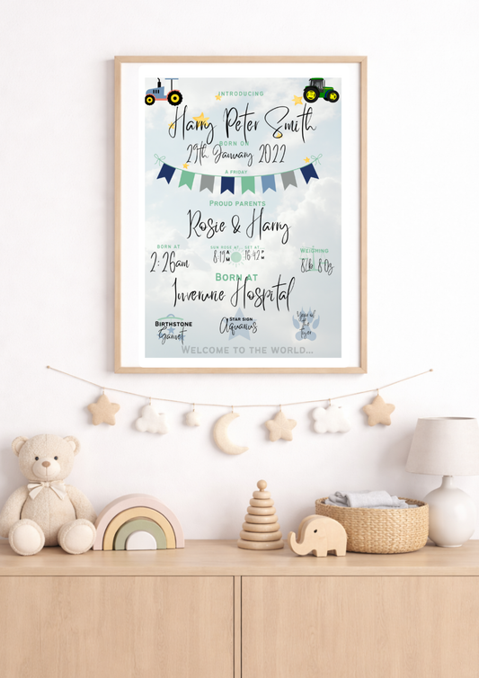 Personalised Tractor Themed Birth Print