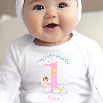Personalised 1st Birthday Fairy Baby Grow, Vest or Bib with Name