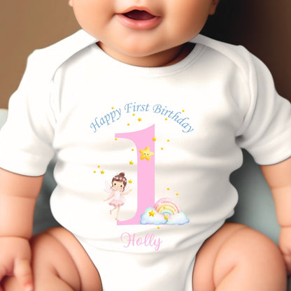 Personalised 1st Birthday Fairy Baby Grow, Vest or Bib with Name