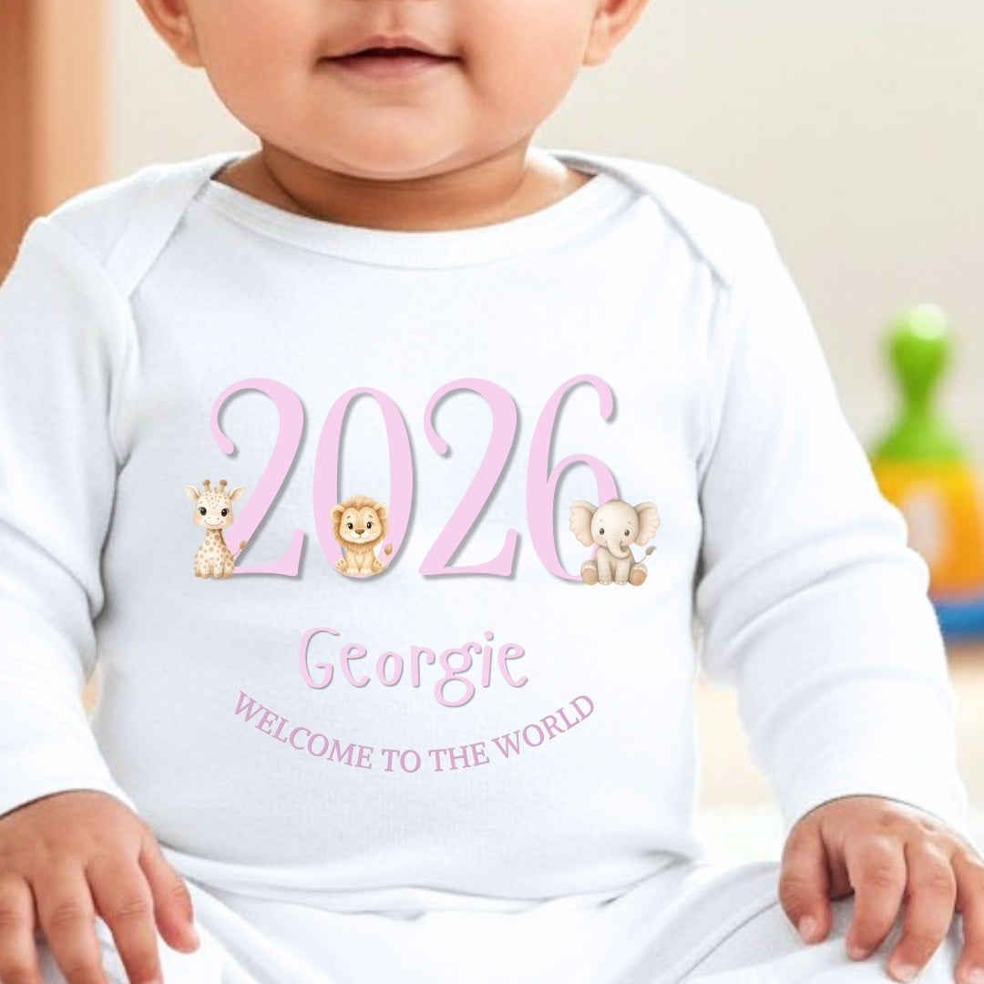Personalised Pink Safari Animals Baby Grow, Vest or Bib with Name