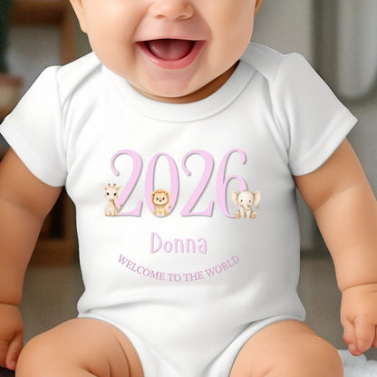 Personalised Pink Safari Animals Baby Grow, Vest or Bib with Name