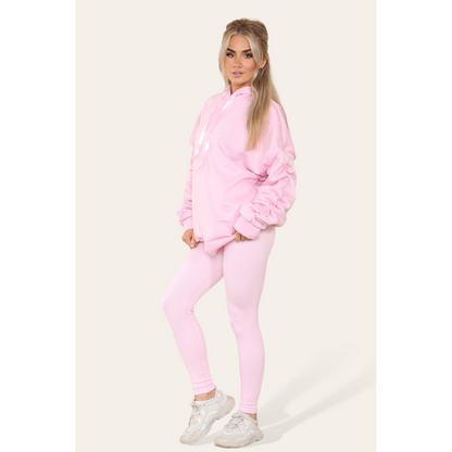 Stylish Plus Size Ruched Sleeve Hoodie with Satin Ribbon - Comfortable & Warm