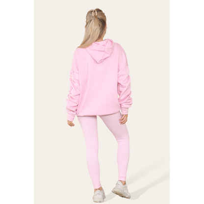 Stylish Plus Size Ruched Sleeve Hoodie with Satin Ribbon - Comfortable & Warm