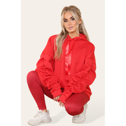 Stylish Plus Size Ruched Sleeve Hoodie with Satin Ribbon - Comfortable & Warm