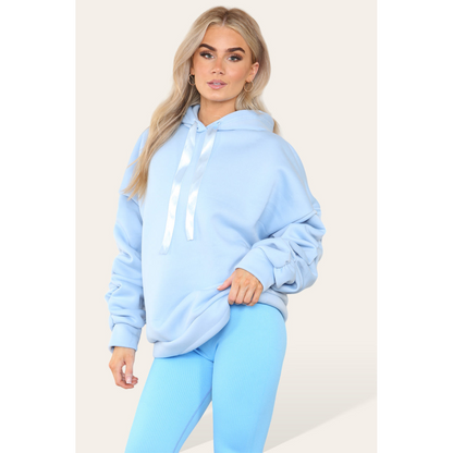 Stylish Plus Size Ruched Sleeve Hoodie with Satin Ribbon - Comfortable & Warm